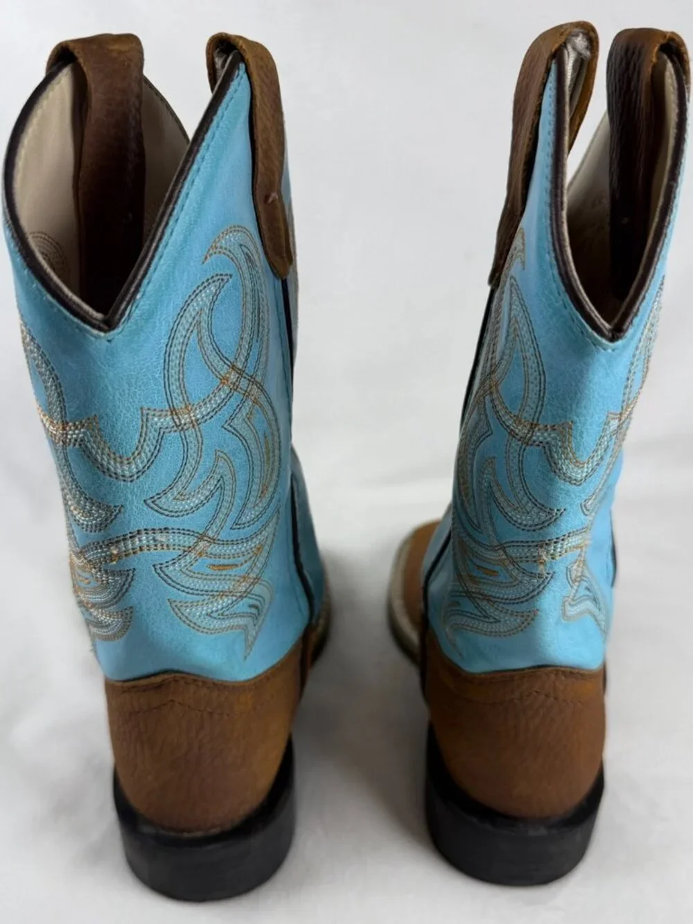 Old West Kids Cowboy Boots Size 10.5 D Brown Turquoise Square Toe Western VB9167